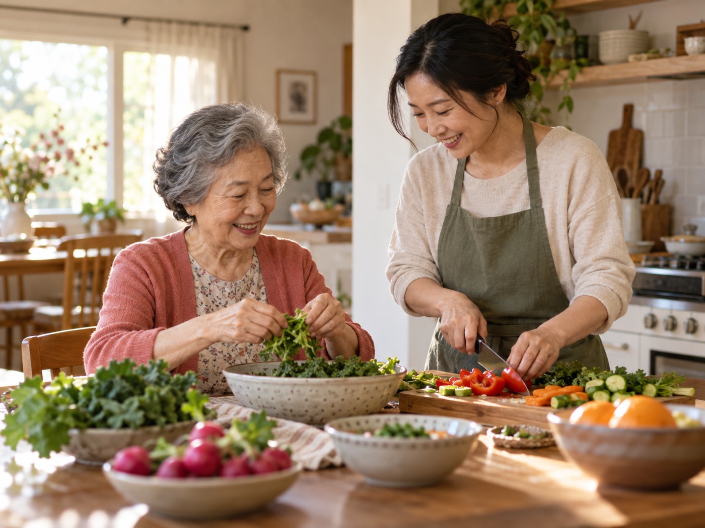 An older adult and caregiver preparing vegetables at home