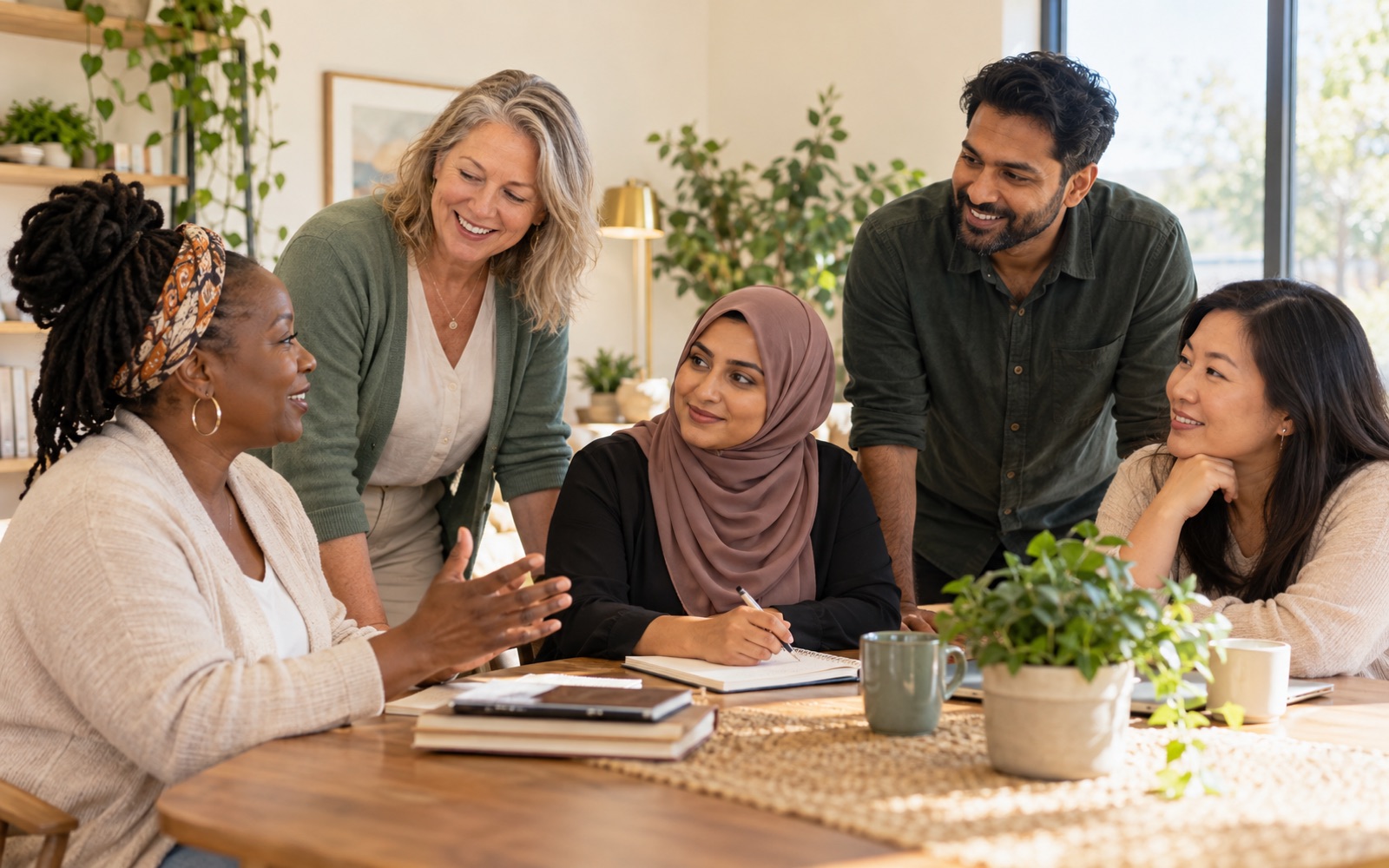 A diverse caregiver team collaborating around a table