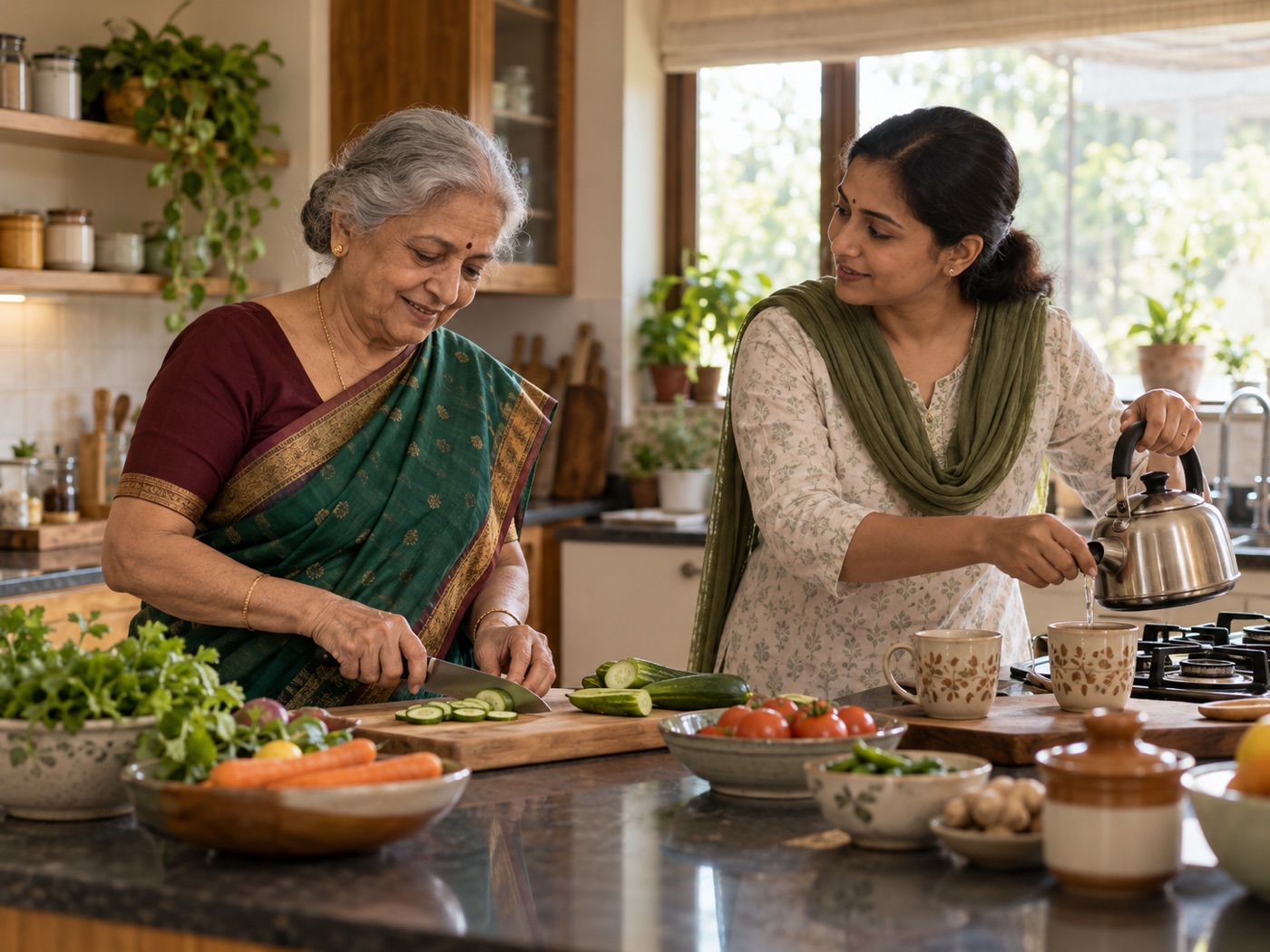 An older adult and caregiver preparing a healthy meal together