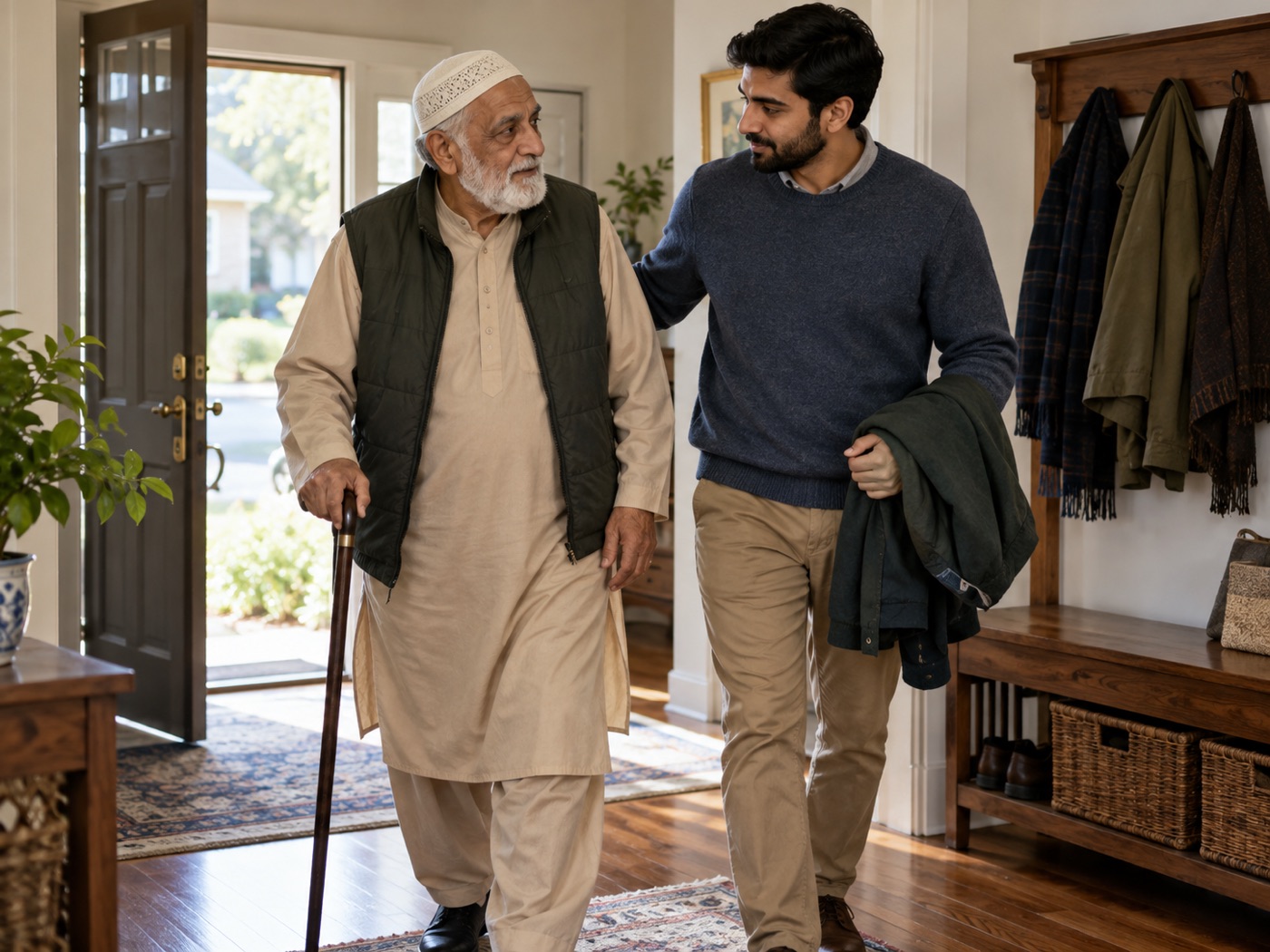 A caregiver supporting an older adult who uses a cane